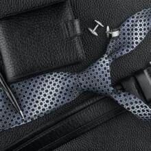 Tie, belt, wallet, cufflinks, pen lying on the skin, can be used as background